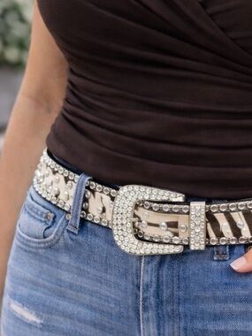 Rhinestone Crystal Western Belt with Zebra Hide Accent